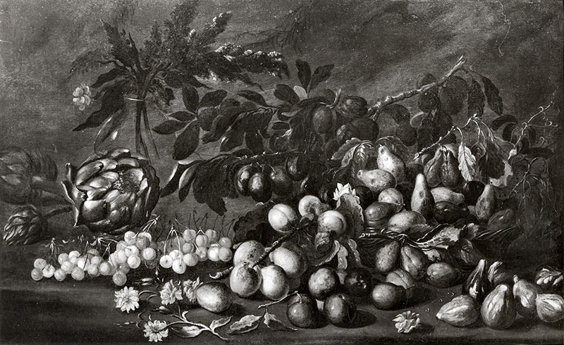 Anonimo — Verrochius Augustinus - sec. XVII - Natura morta con frutta, carciofi e vaso di fiori — insieme